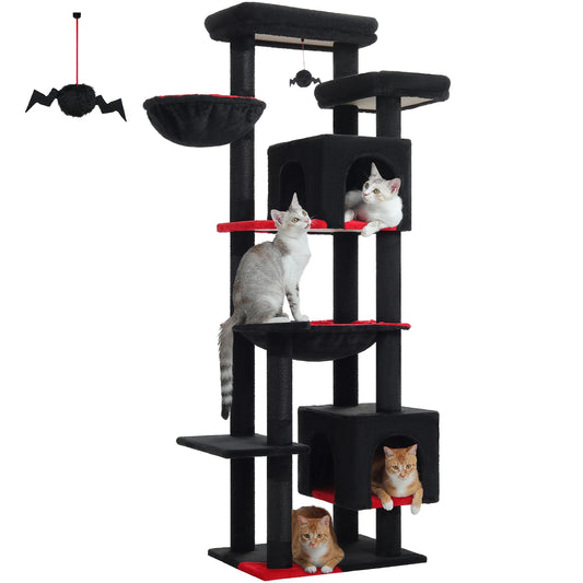 Black cat tree with multiple levels and black and red platforms, featuring multiple cats on a white background.