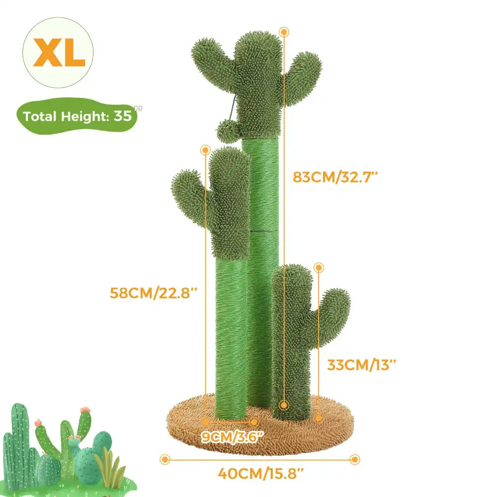 Measurement chart of a large green cactus-shaped cat scratcher with labeled dimensions on a white background.