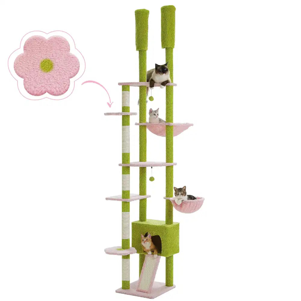 Cat tree with multiple levels, shelves, and a pink flower decoration on a white background.