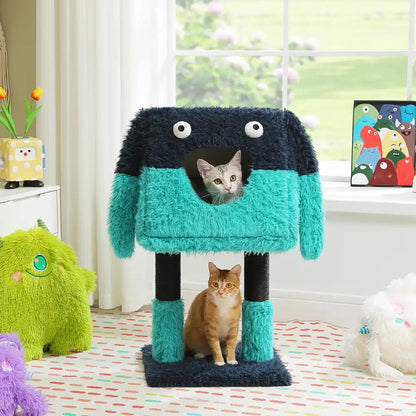 Monster-shaped cat tree with two cats in a living room setting