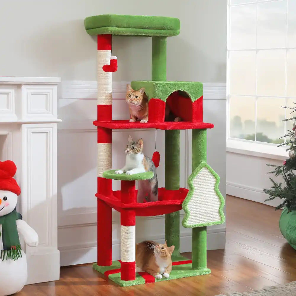 Cat tree with multiple levels and cats sitting on it in a room setting.